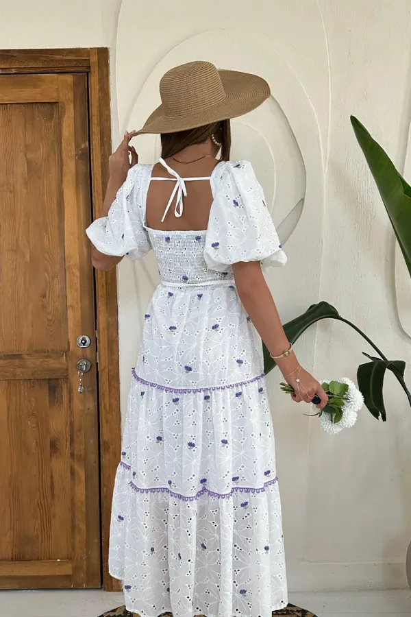 Robe brodée détaillée en dentelle lilas en gros