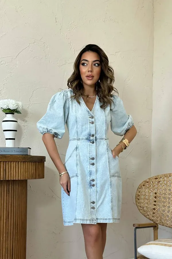 Toptan Kar Yıkama Balon Kollu Kısa Kot Elbise