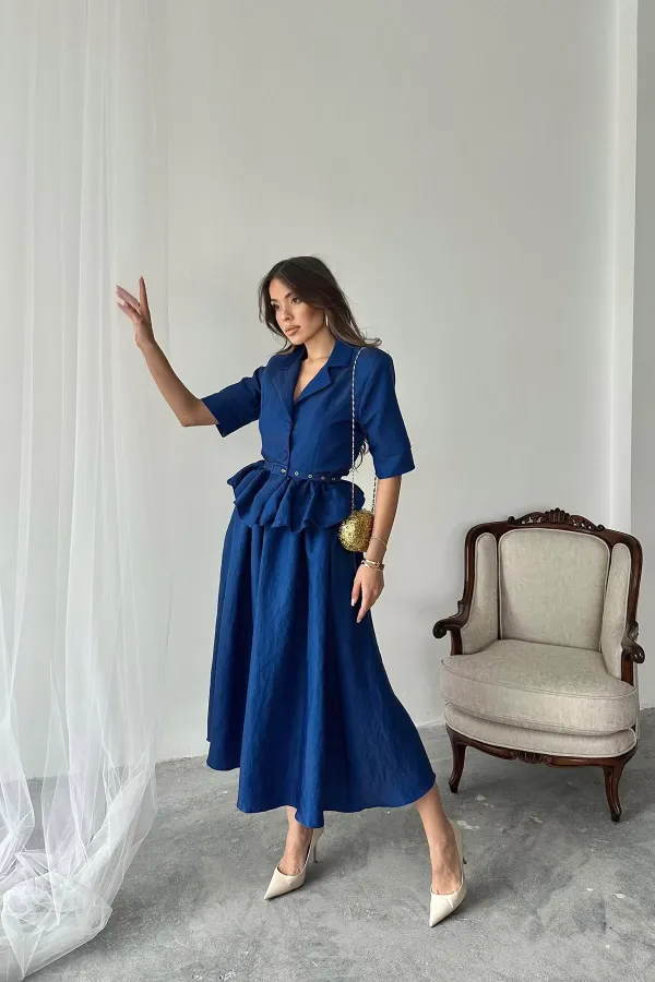 Ensemble veste à volants fine et jupe froncée bleu marine en gros