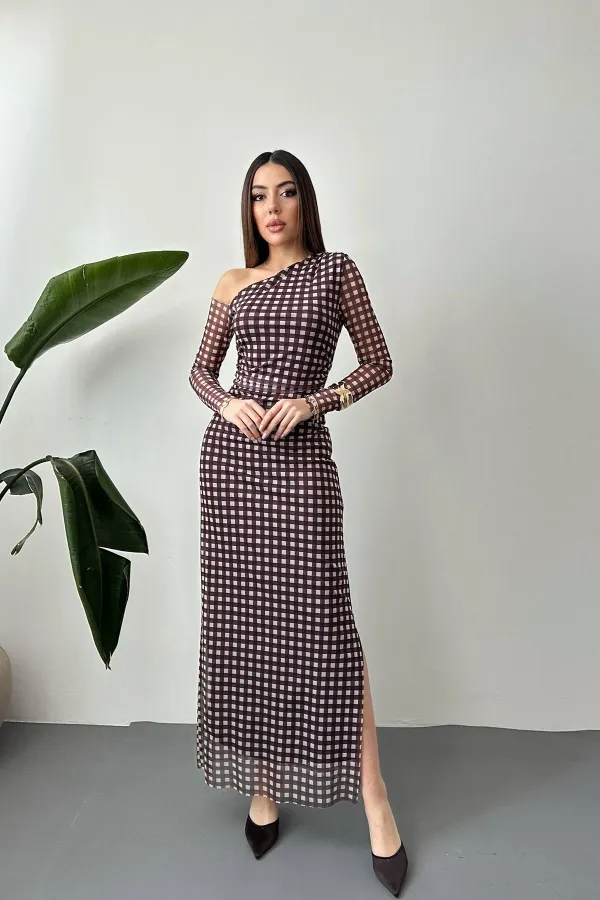 Toptan Kahverengi Ekose Desen Tül Elbise