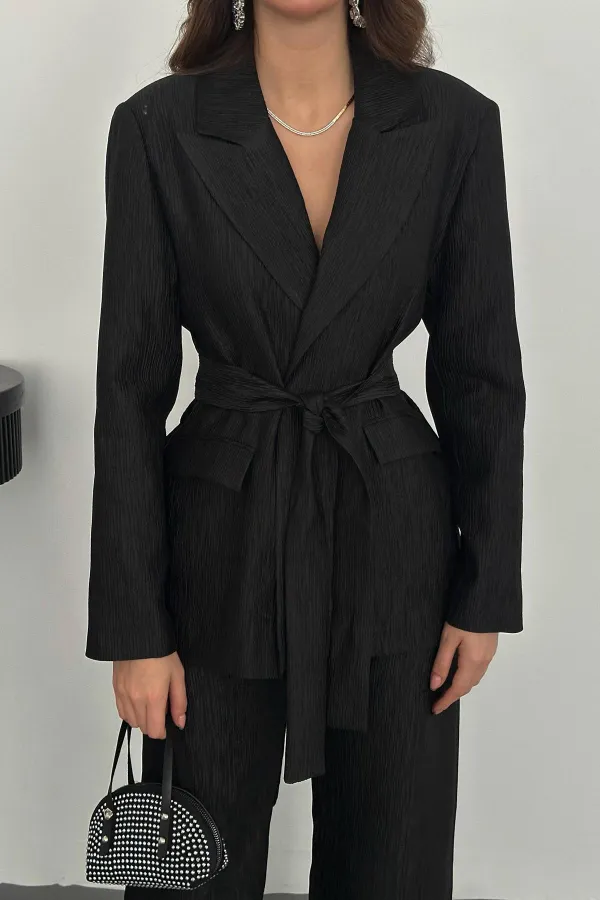 Toptan Siyah Parlak Beli Kuşaklı Takım