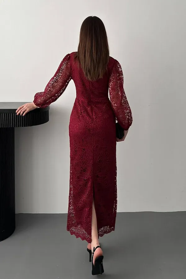 Toptan Bordo Güpür Detaylı Dantel Elbise