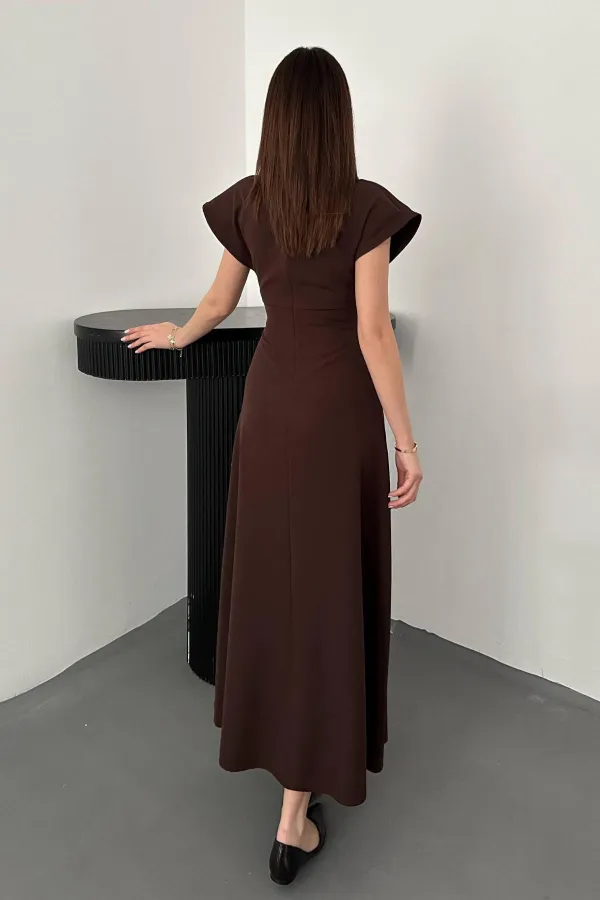 Toptan Kahverengi Göğüs Büzgülü Elbise