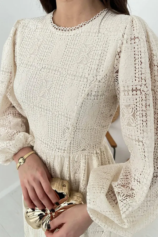 Toptan Ekru Dantelli Elbise