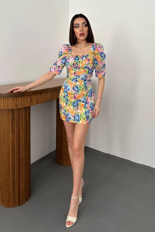 Toptan Oranj Boyundan Bağlamalı Desenli Elbise