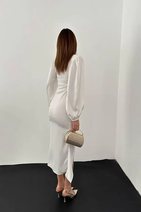 Toptan Beyaz V Yaka Saten Elbise