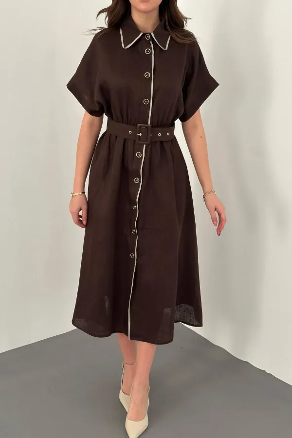 Toptan Kahverengi Gömlek Elbise