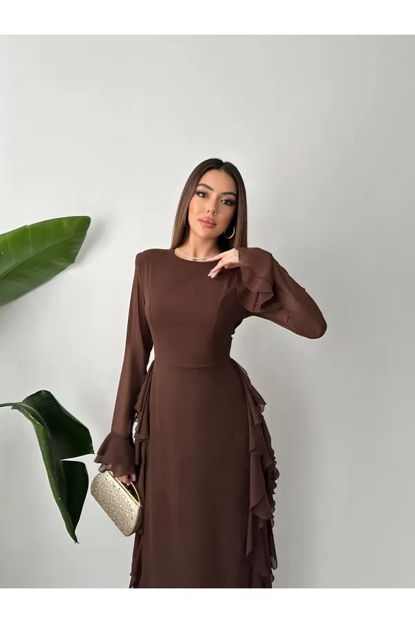 Toptan Kahverengi Volanlı Şifon Elbise