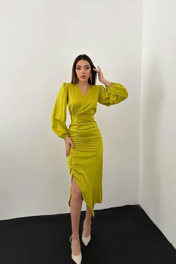 Robe en satin vert pétrole à col en V en gros