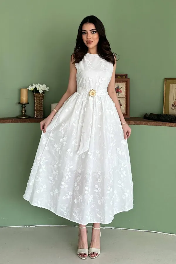 Wholesale White Dress with 3D Embroidered Details