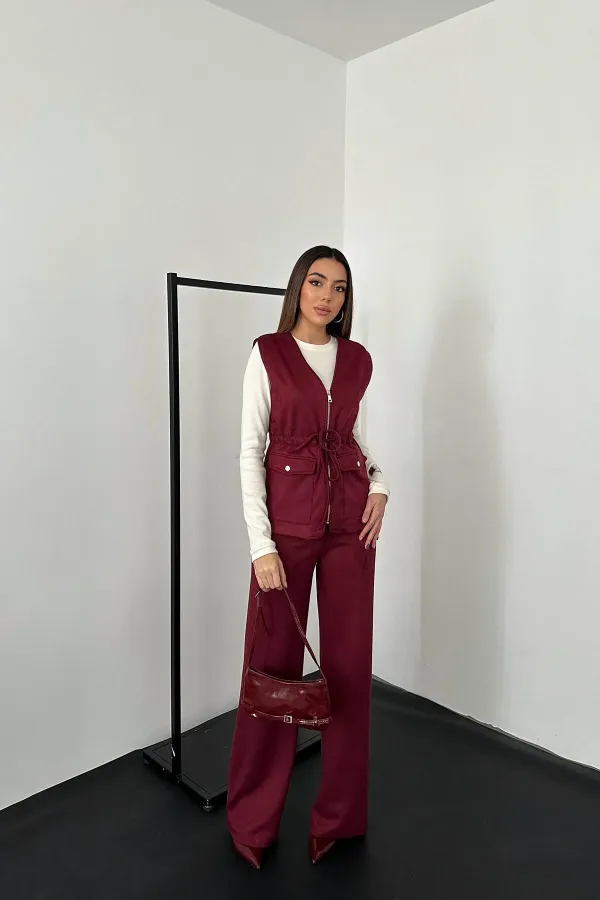 Toptan Bordo Süet Yelek Pantolon Takım