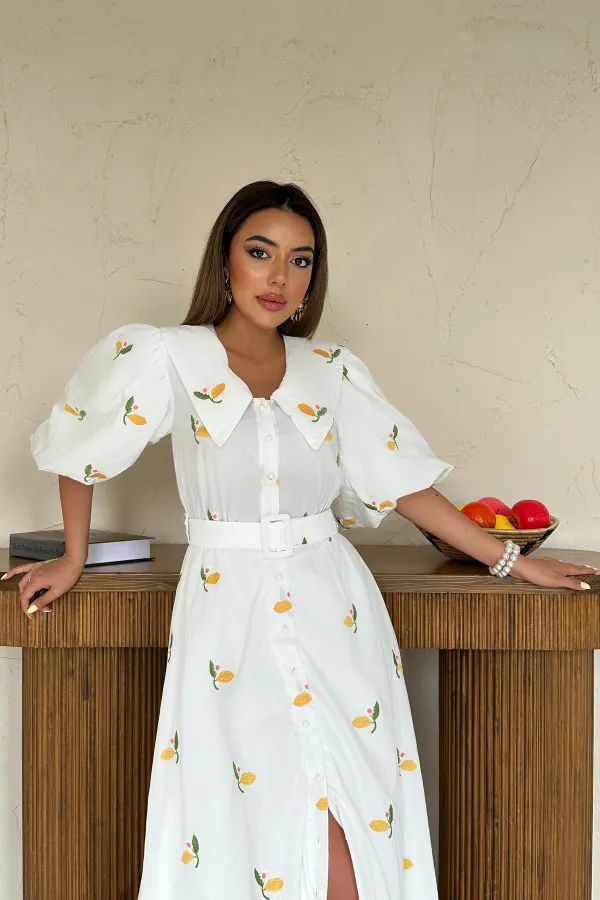 Toptan Pembe Yakası Çiçek Motifli Kemerli Elbise