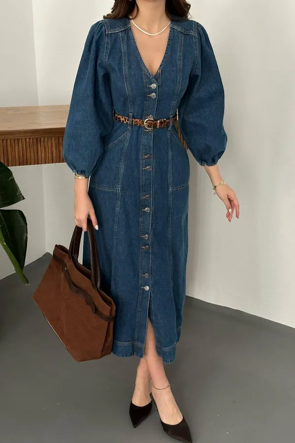 Toptan Mavi Balon Kol Kot Elbise