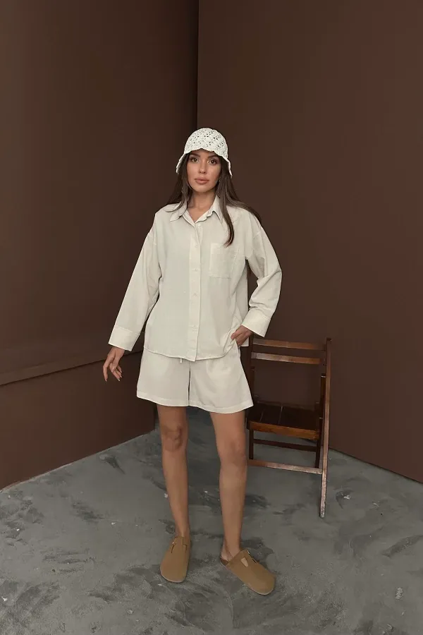 Toptan Bej Alaçatı Keten Takım