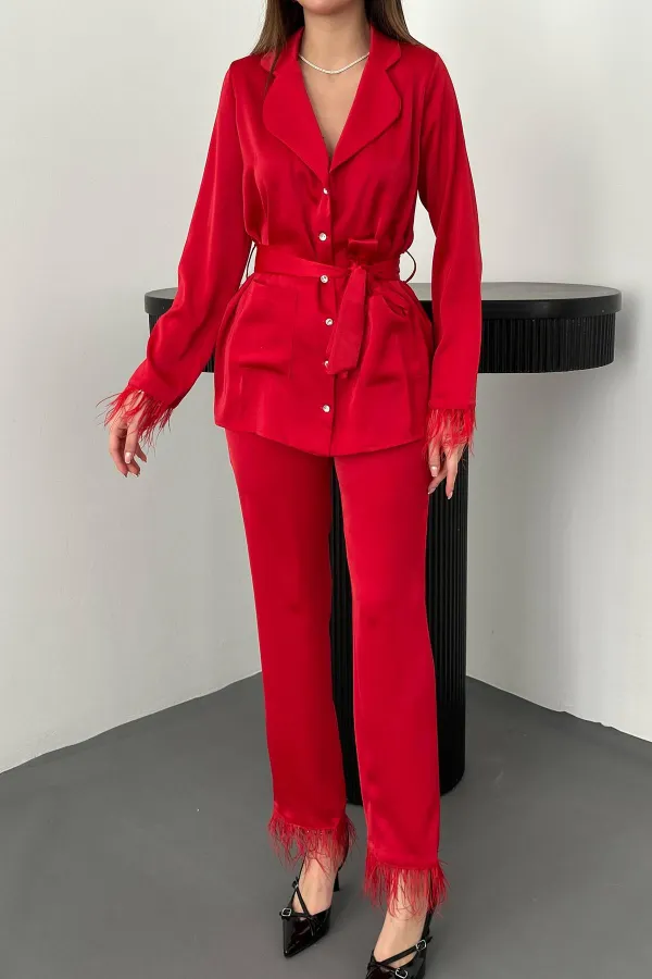 Toptan Kırmızı Püsküllü Saten İkili Takım