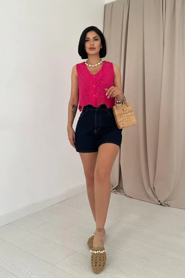 Toptan Fuşya Sıfır Kol Brode Bluz