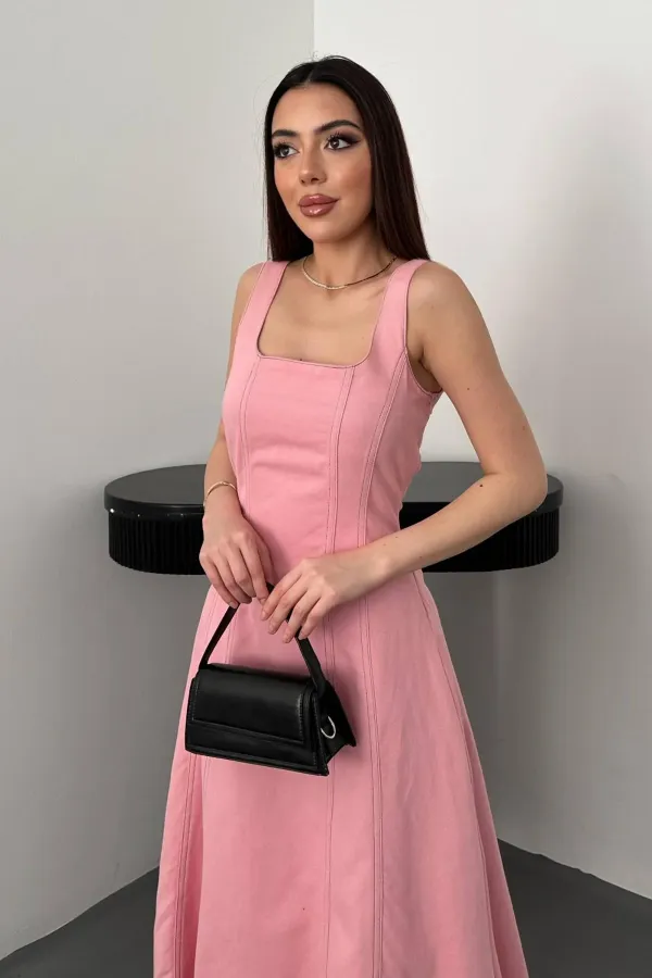 Toptan Pembe Çift Dikişli Gabardin Elbise