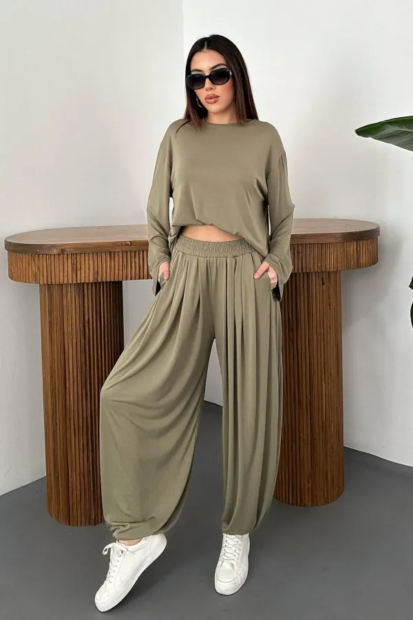Ensemble haut et bas kaki à manches longues en gros