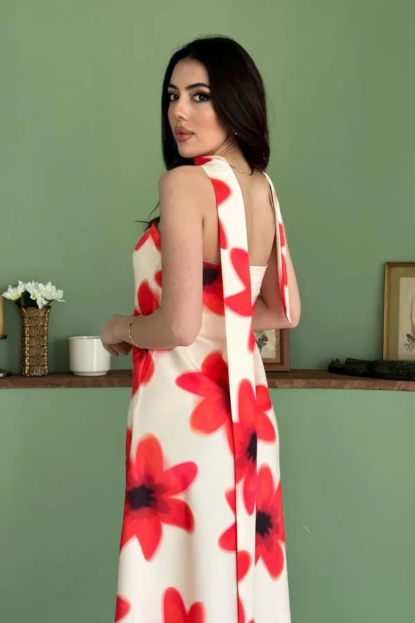 Toptan Sarı Boyundan Fularlı Elbise