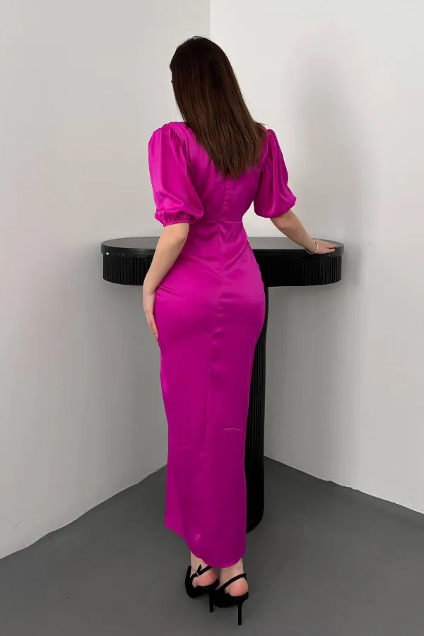 Toptan Koyu Fuşya Büzgülü Saten Elbise