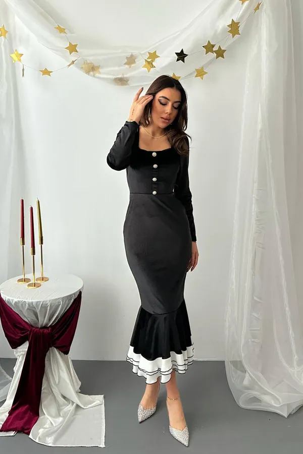 Toptan Siyah Alt Eteği Volanlı Kadife Elbise
