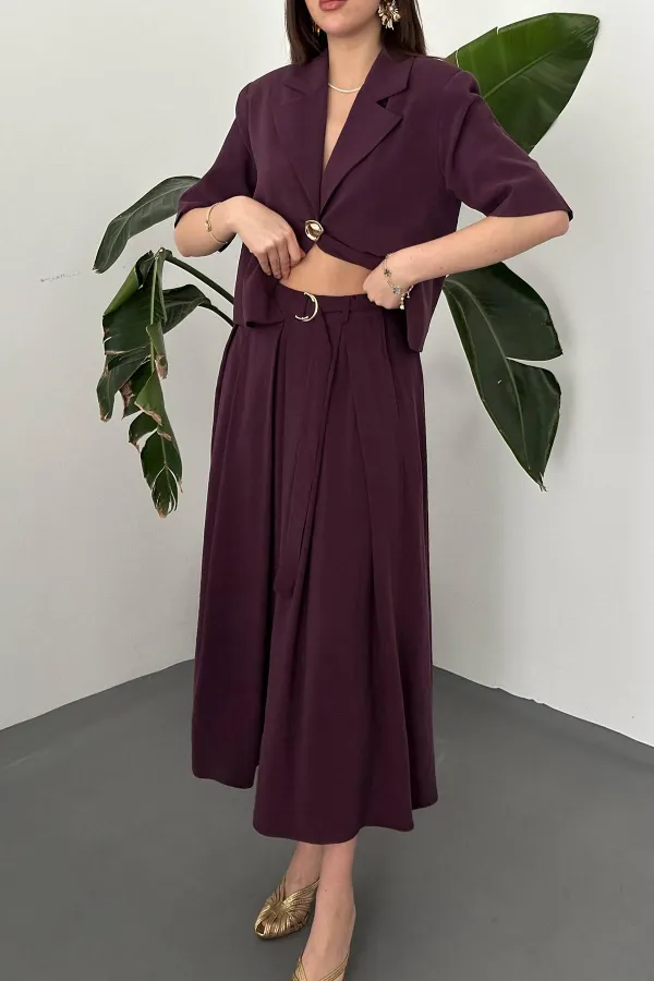 Wholesale Plum Single Button Short Jacket and Skirt Set