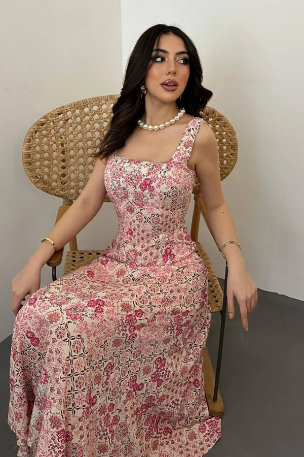 Toptan Pembe Çiçekli Viskon Elbise