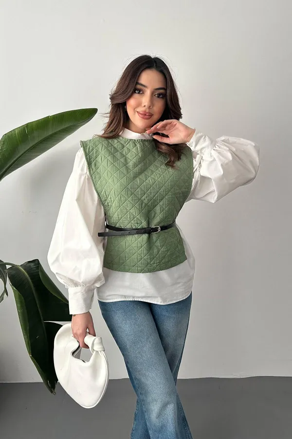 Wholesale Khaki Belted Shirt and Poncho Set