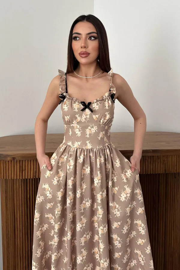 Toptan Kahverengi Önü Fiyonklu Çiçekli Elbise