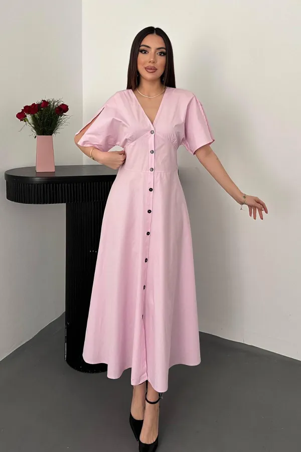Toptan Pembe Düğmeli Midi Boy Poplin Elbise