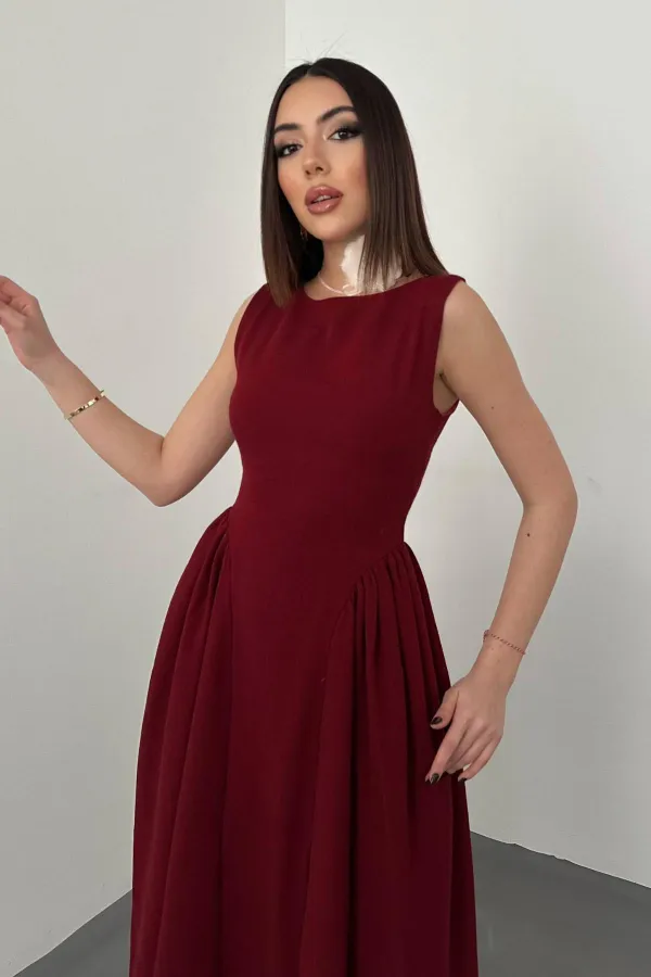 Toptan Bordo Yanları Büzgülü Midi Boy Keten Elbise