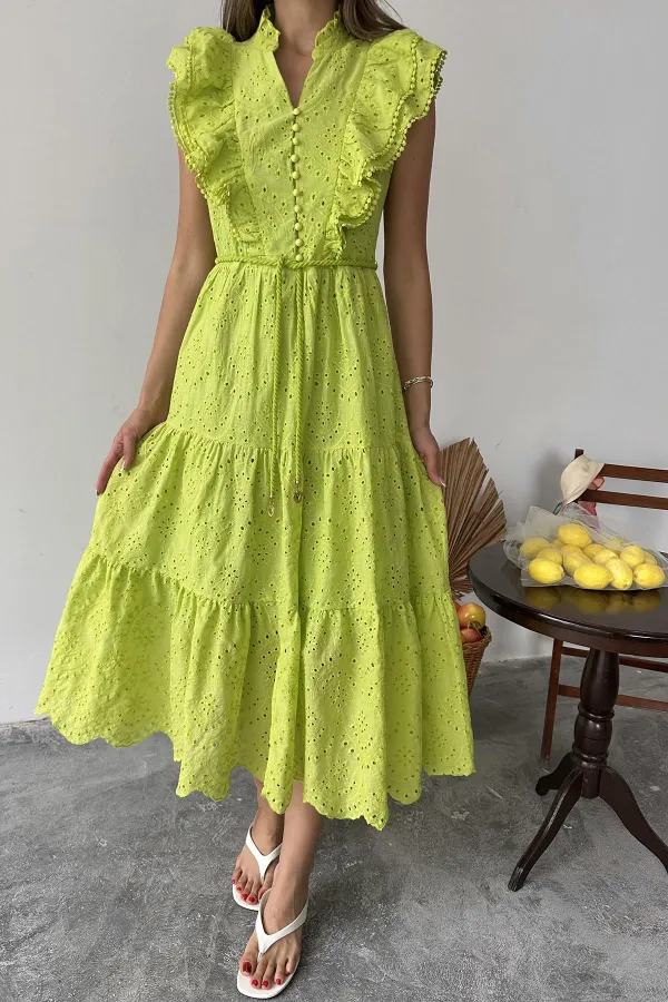 Robe boutonnée à volants vert pétrole en gros