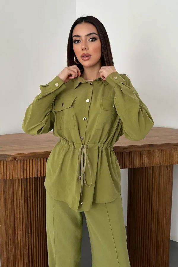 Toptan Olive Düğme Detaylı Gömlek Ve Nervürlü Pantolon Takım