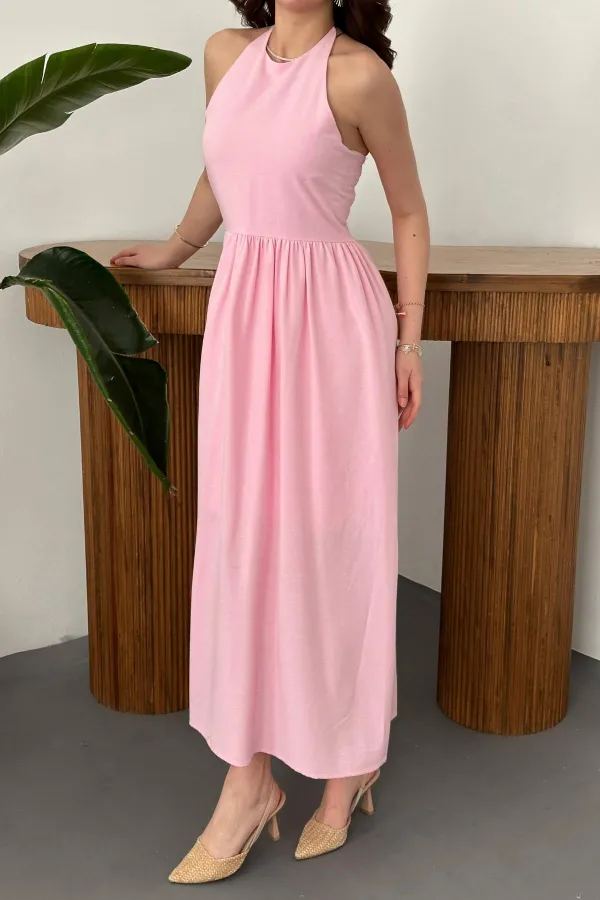Toptan Pembe Arkası Gipeli Keten Elbise