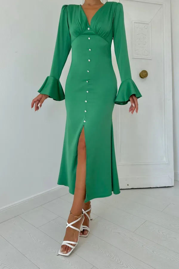 Robe en satin verte fendue et boutonnée sur le devant, vente en gros