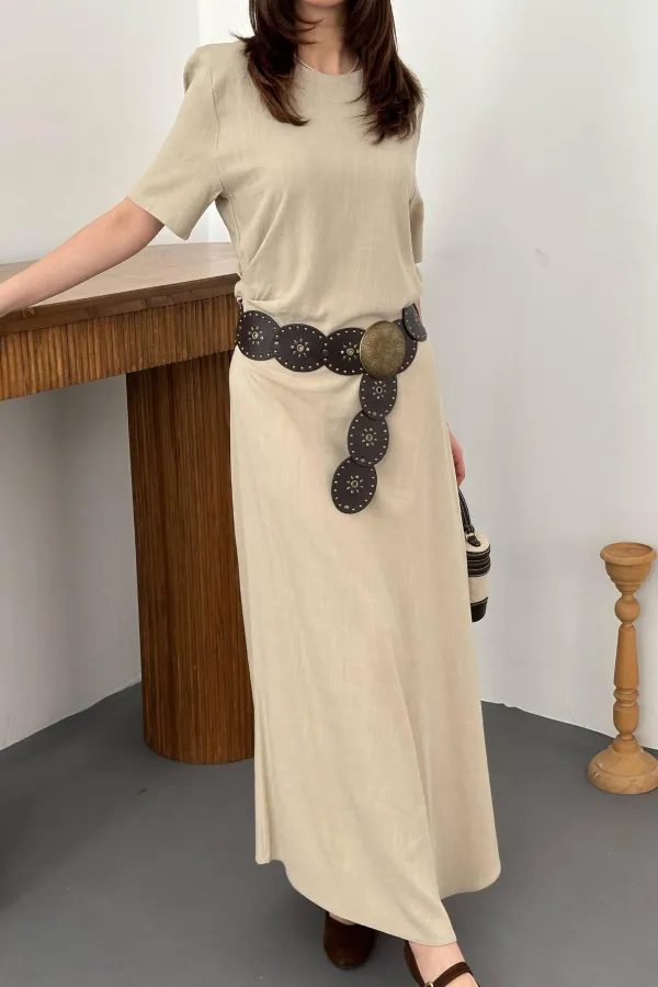 Robe beige plissée à col rond en gros