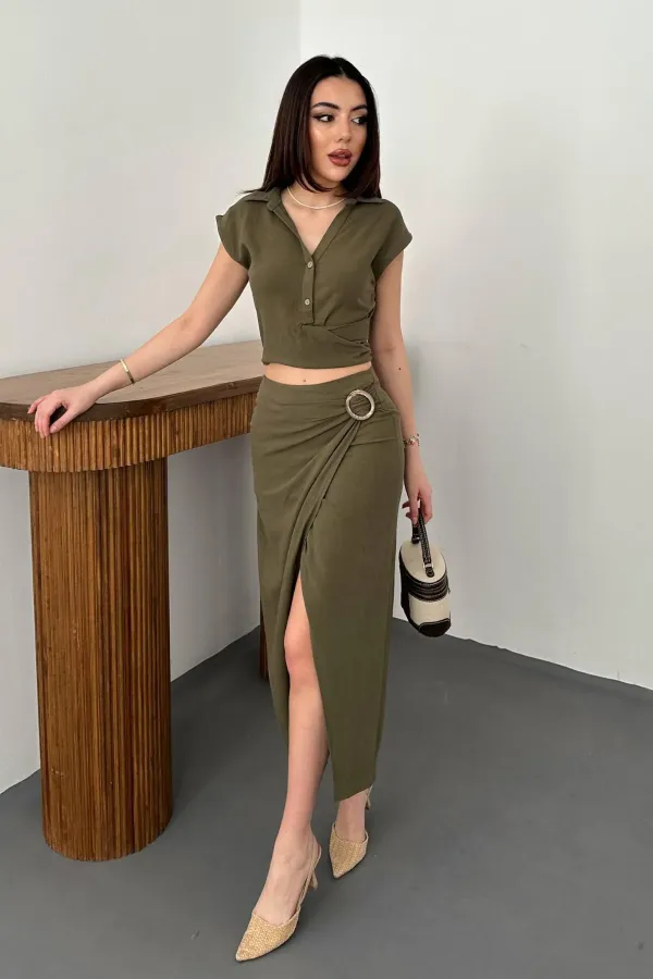 Toptan Haki Keten Gömlek Ve Etek Takım
