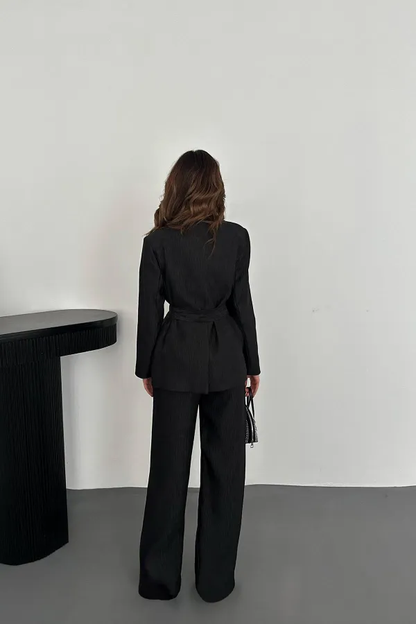 Toptan Siyah Parlak Beli Kuşaklı Takım