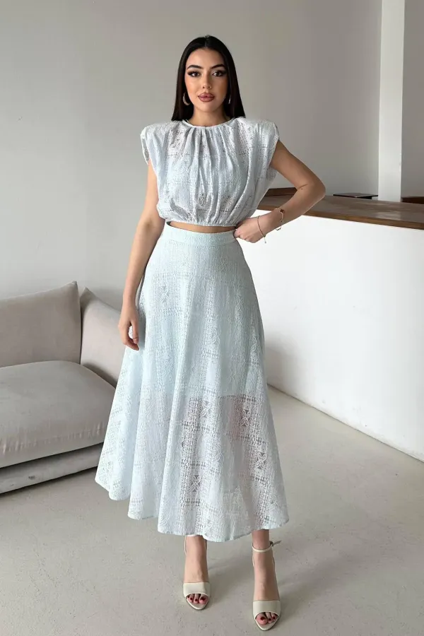 Toptan Mavi Dantelli Bluz Ve Etek Takım