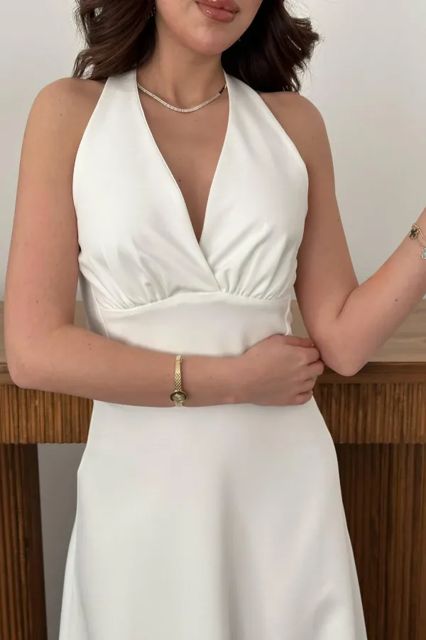 Toptan Ekru Atlas Göğüs Kuplu Elbise