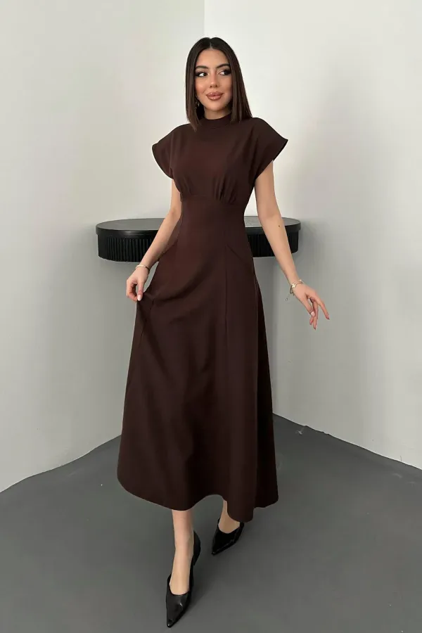 Toptan Kahverengi Göğüs Büzgülü Elbise