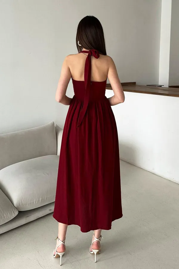 Robe en lin bordeaux à col licou en gros