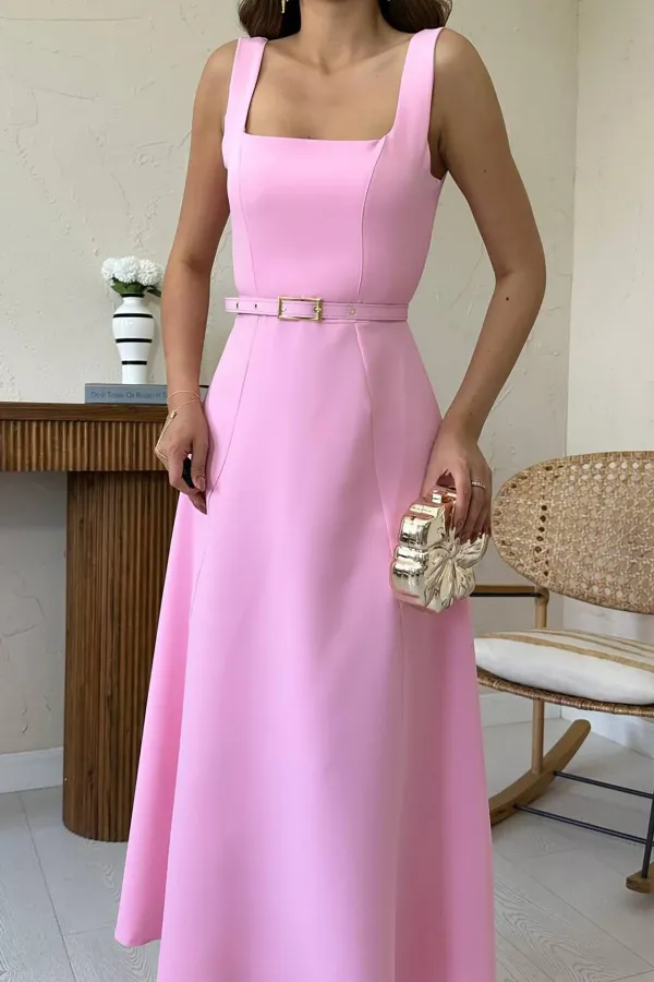 Toptan Pembe Kemerli Uzun Atlas Elbise