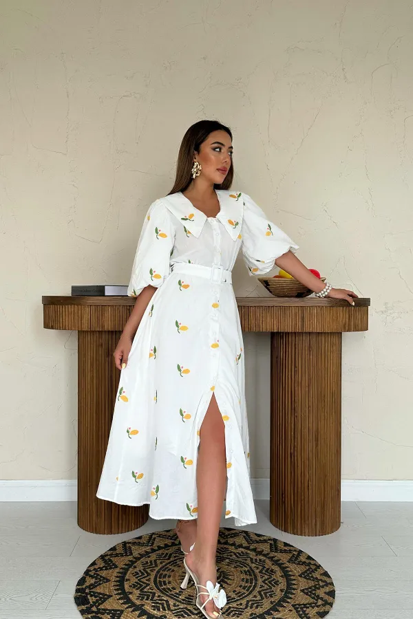 Toptan Pembe Yakası Çiçek Motifli Kemerli Elbise