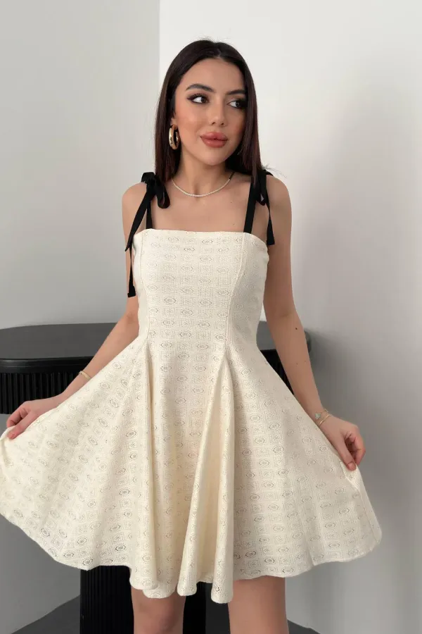 Toptan Bej Omzu Bağcıklı Elbise