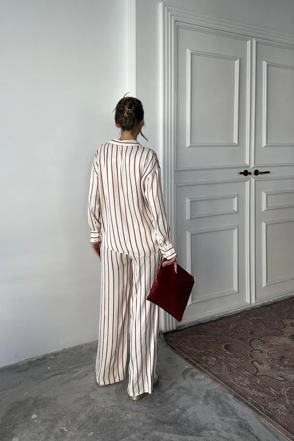 Toptan Bordo Çizgili Saten Takım