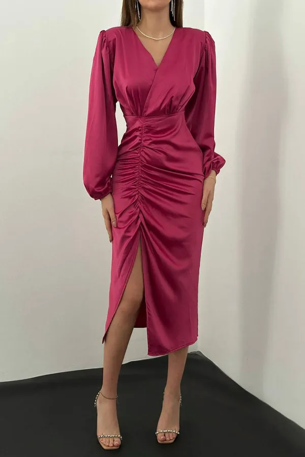 Robe en satin fuchsia à col en V en gros