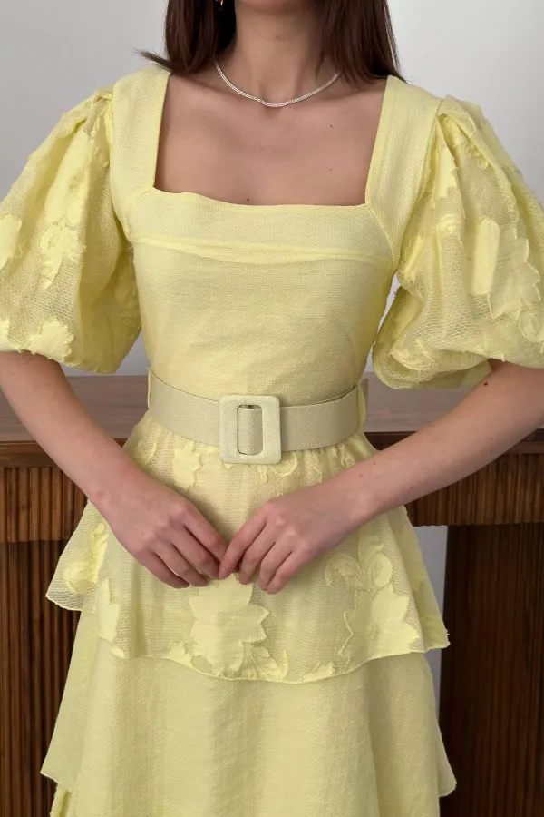 Wholesale Yellow Balloon Sleeve Layered Dress