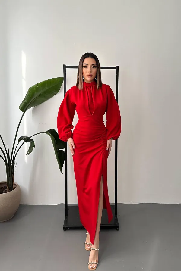 Robe fendue à jupe plissée rouge en gros