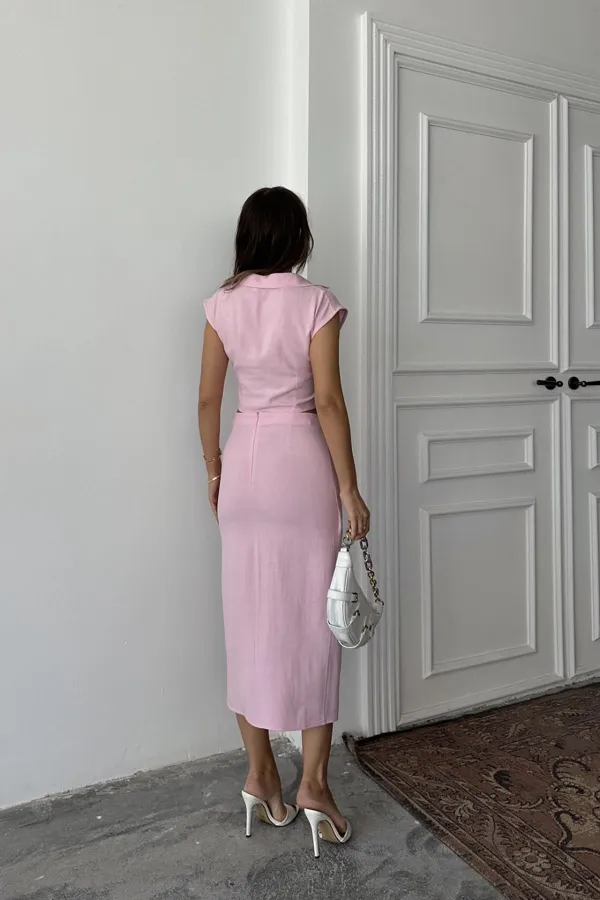 Toptan Pudra Keten Gömlek Ve Etek Takım